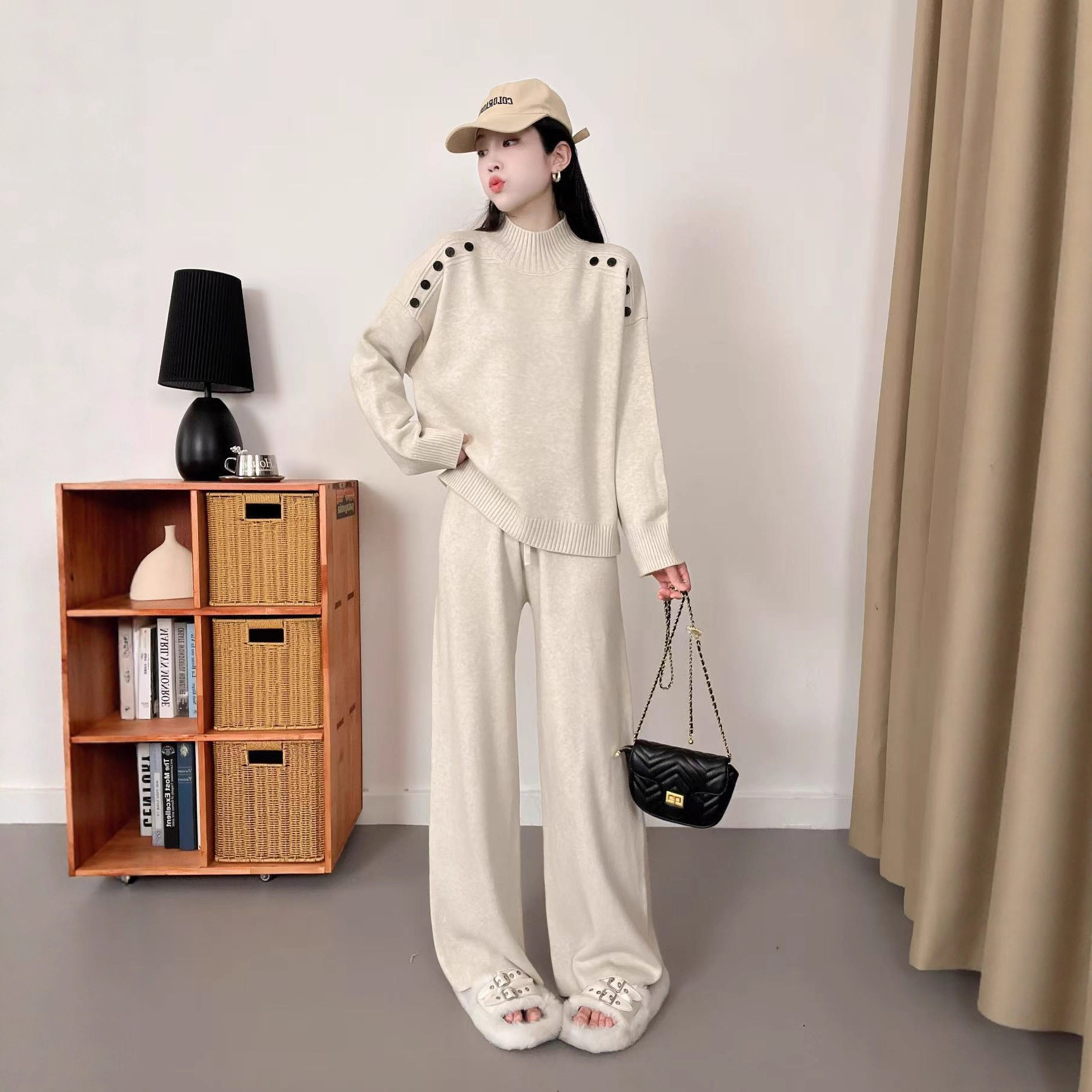 秋冬装搭配一整套高级感时尚半高领毛衣高腰休闲阔腿裤气质两件套