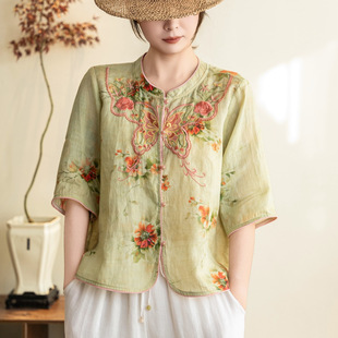 T恤衫 园园美衣苎麻立领套头印花刺绣上衣2026夏显瘦国风小衫 短袖