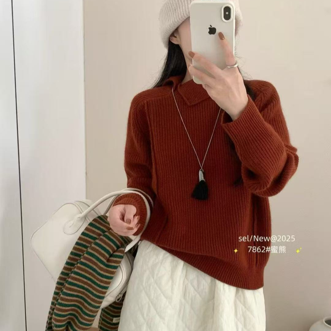 园园美衣衣羊驼蜜熊针织领口纽扣毛衣套头新款毛衣学院风韩版毛衣