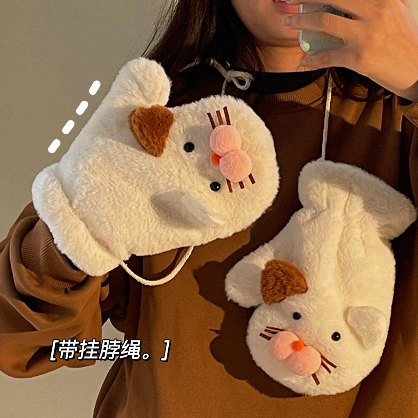 手套女生秋冬季学生骑行加厚加绒保暖可爱毛绒围巾挂脖连指防寒风