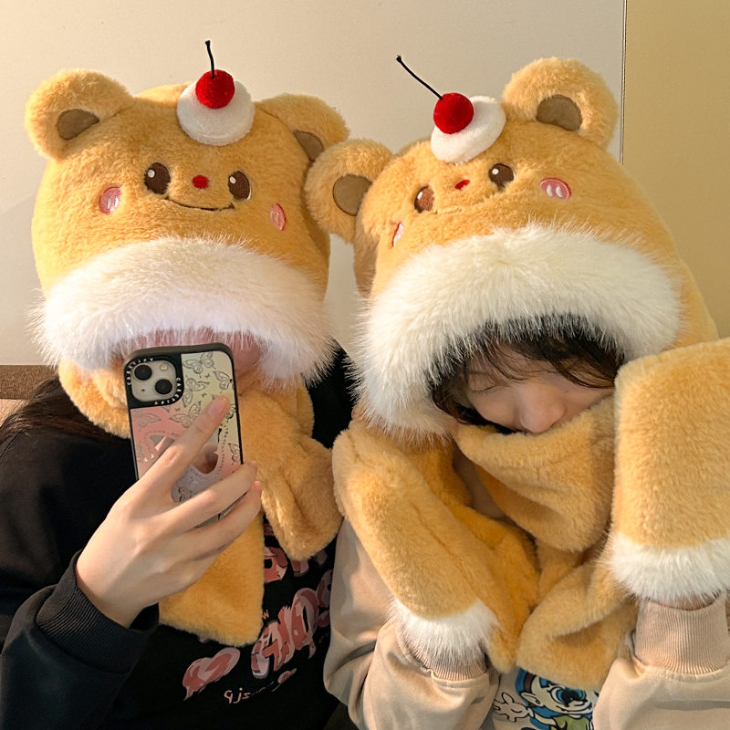 可爱小熊帽子手套围巾三件套