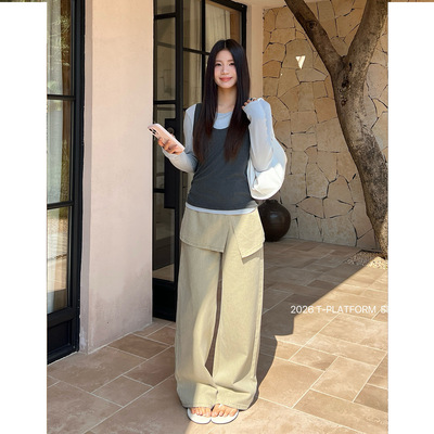 T-PLATFORM 2026早春新款屁帘牛仔裤女假两件可拆卸叠穿裤裙68110