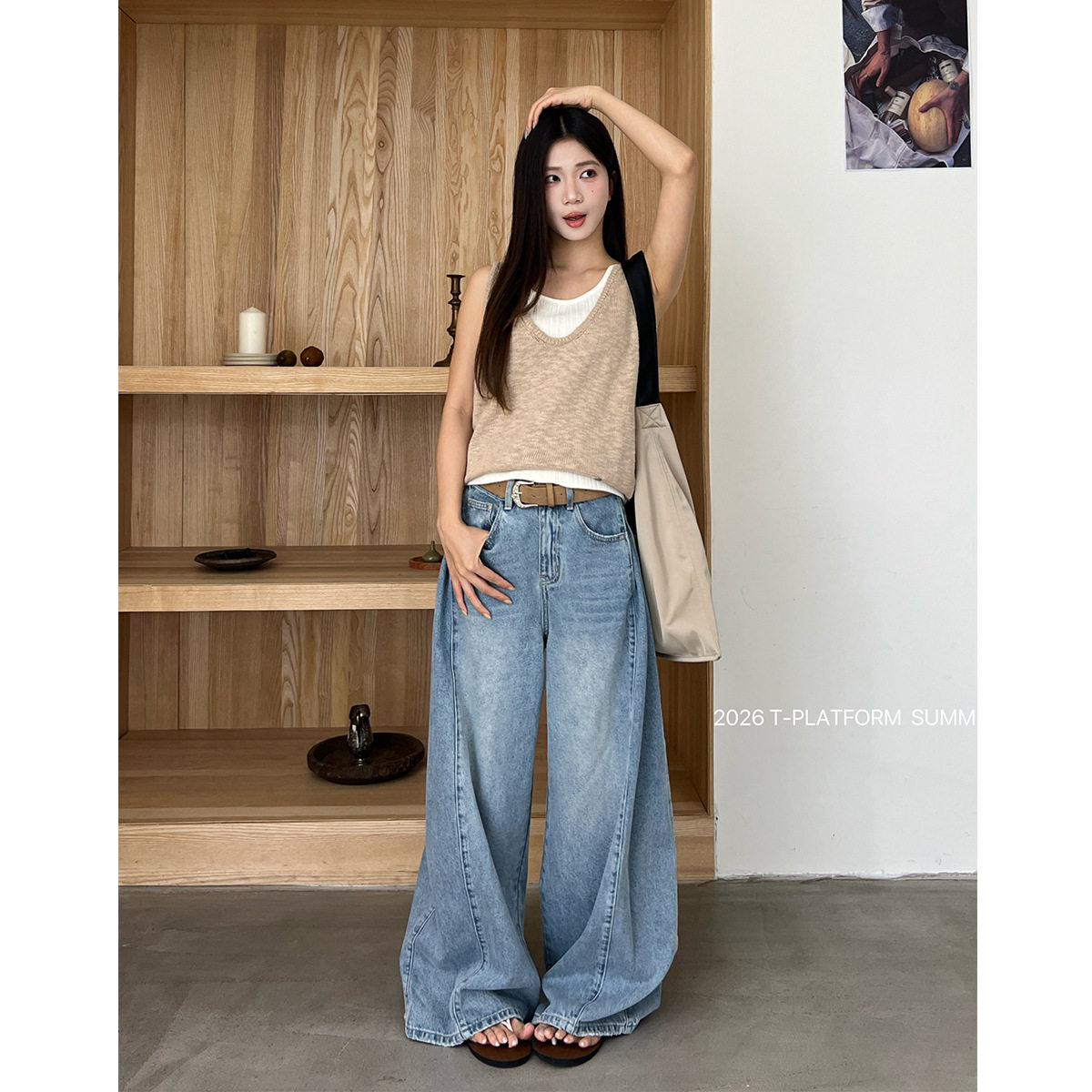 T-PLATFORM 春季新款复古蓝色阔腿牛仔裤女高腰宽松拖地长裤68095