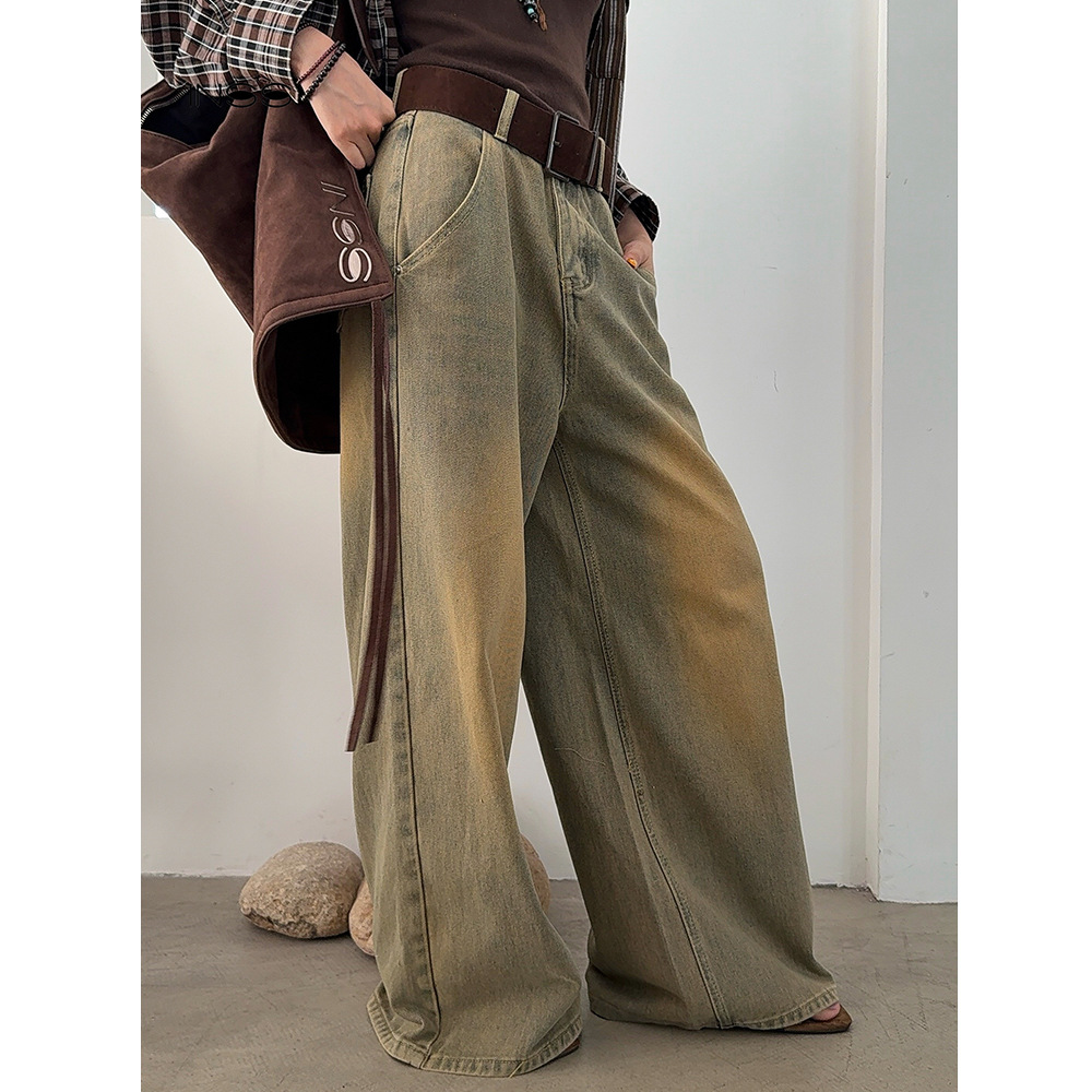 INSS十三行秋冬新品洗水棉复古做旧废土风宽松阔腿牛仔裤91009