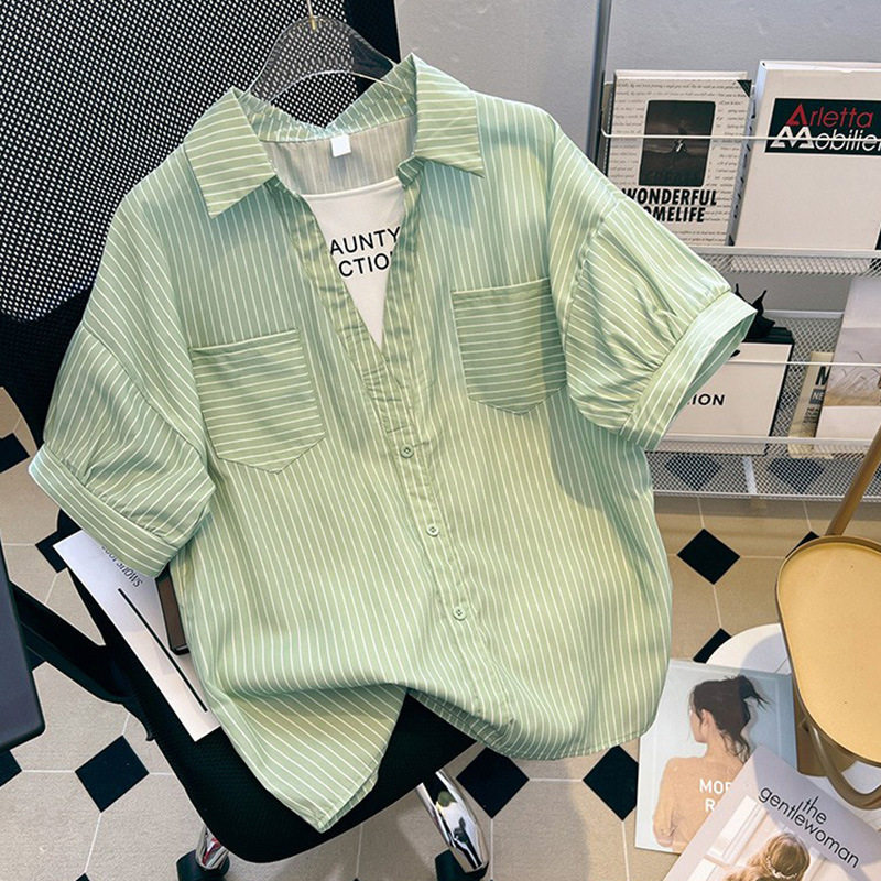 2026夏季新款假两件条纹短袖衬衫女士T恤设计感小众翻领纯棉上衣