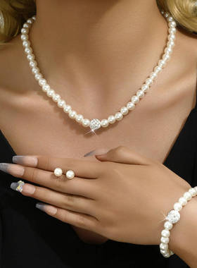 跨境新款套链新娘配饰珍珠套装首饰陶泥镶钻短项链首饰简约套链