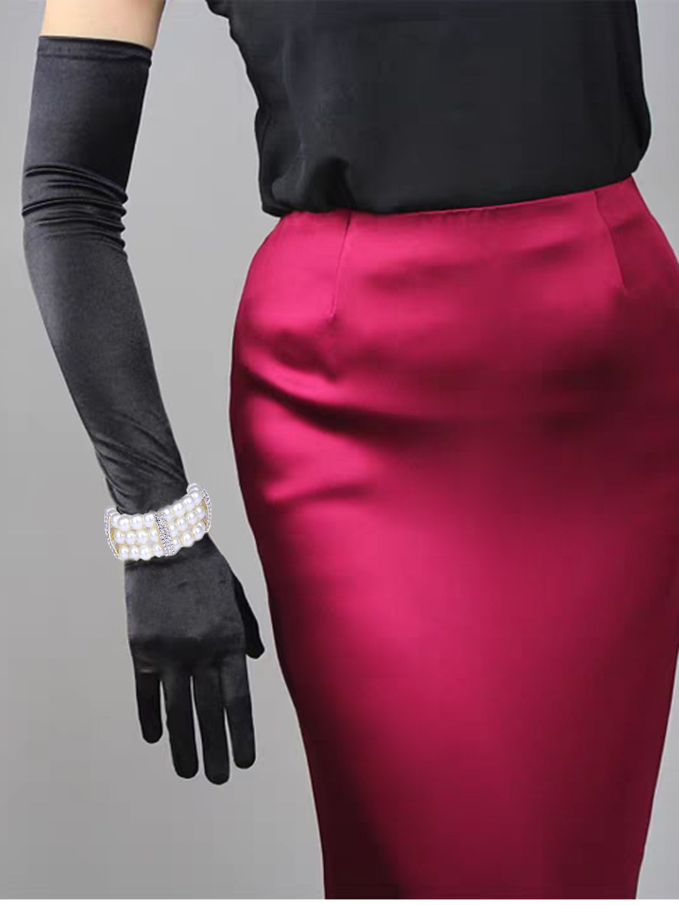 赫本复古黑色长款手套女名媛风手套加珍珠手镯蒂凡尼的早餐装饰