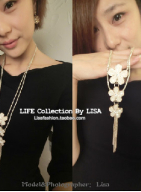 时尚梅花水晶宝石双多层长项链毛衣链植物花朵金银色镶嵌个性配饰