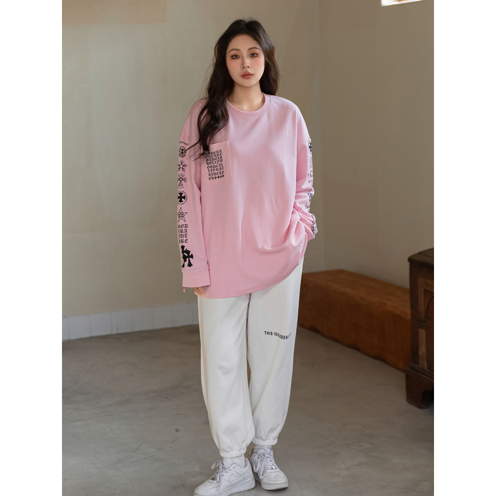 不再行凶大码女装潮牌梵文印花T恤女长袖胖mm宽松卫衣遮肚子长衫