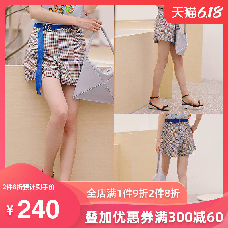 名人瑞裳裤子女夏季2018新款女装港味格子休闲宽松女士短裤大码