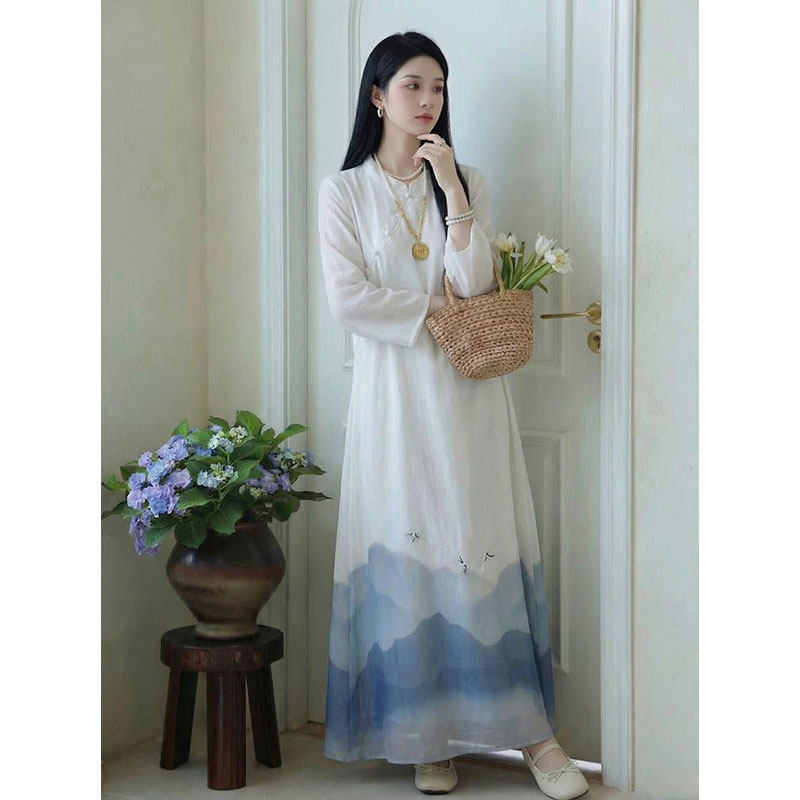 2026年春夏季新款中国风复古山水画印花新中式汉服改良旗袍连衣裙