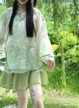 汉元素汉服通勤唐装圆领长袖浅绿色衬衫上衣半身裙两件套秋季新款