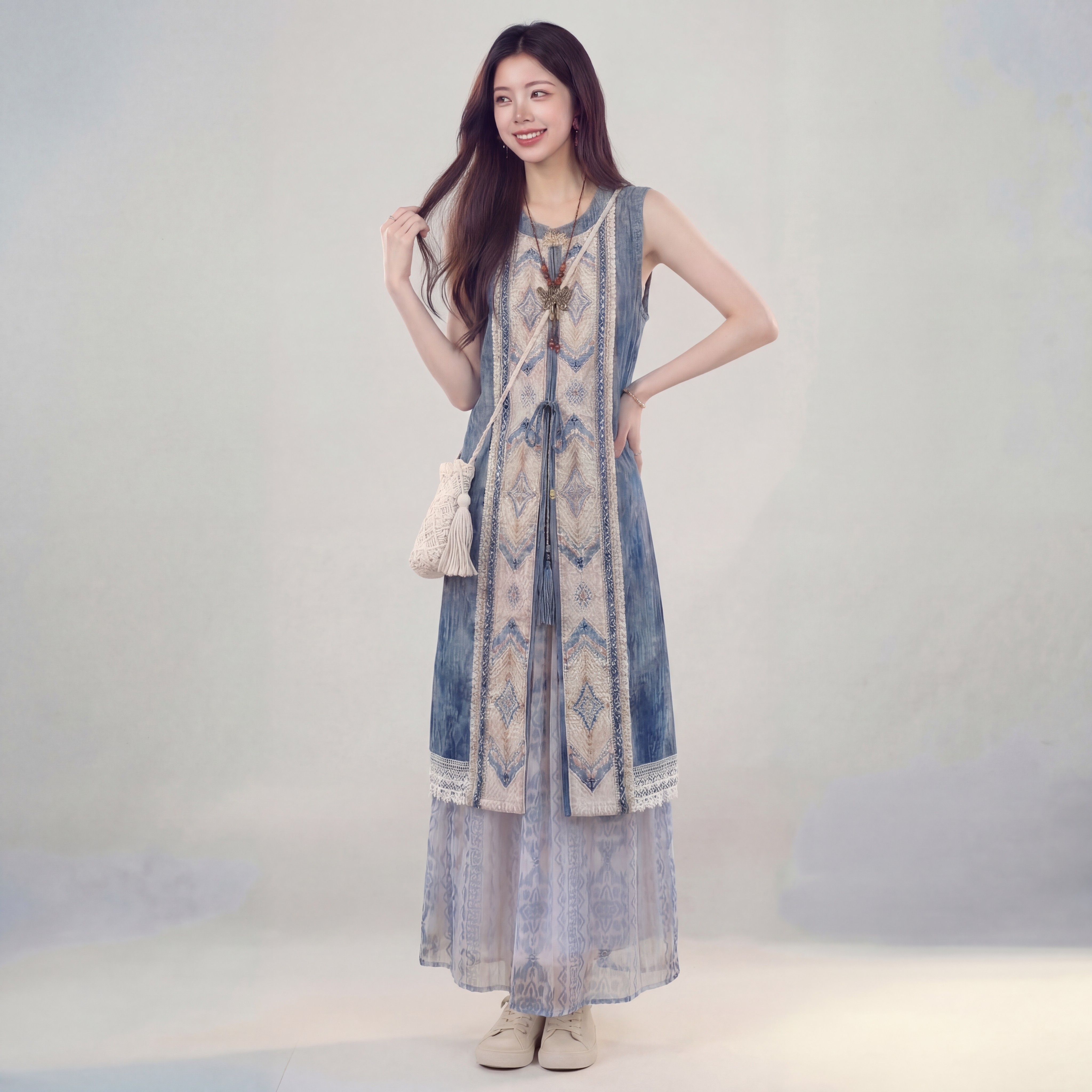 2026春夏季新款时尚气质无袖长款圆领马甲高腰半身裙日常两件套装