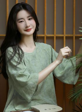 春夏季新款改良中式文艺民国风小个子宽松版唐装茶服绿色百搭上衣