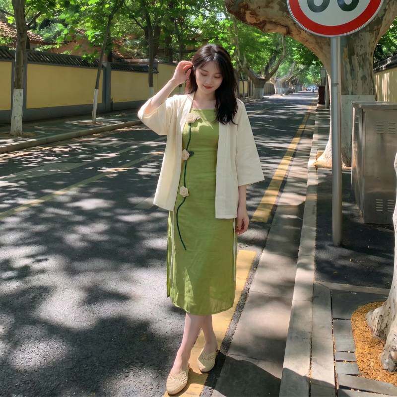 2026年夏季新款复古中式开叉长裙防晒薄款开衫显瘦日常百搭两件套