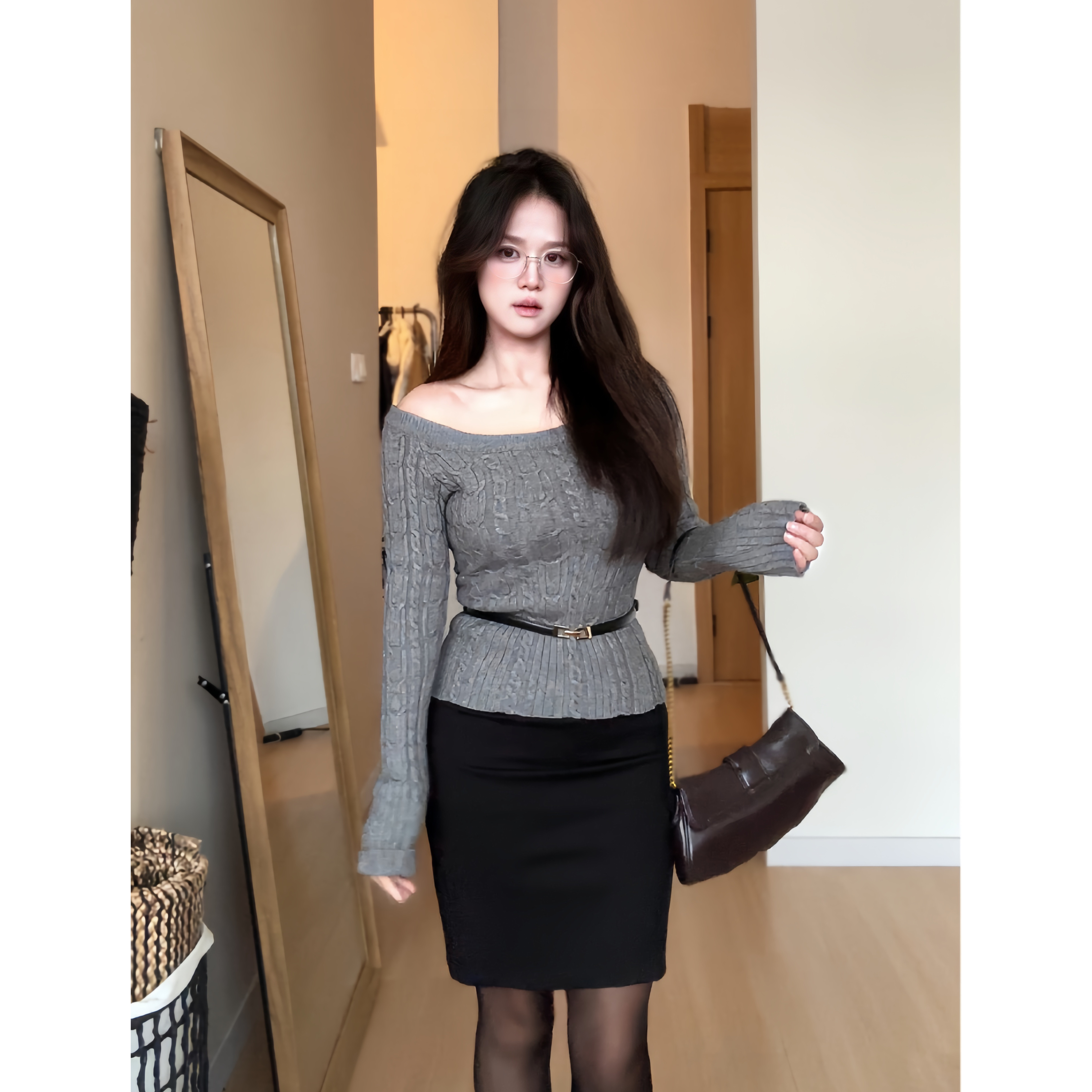 WananLili晚安里里.斜领露长袖针织衫秋季修身麻花内搭毛衣