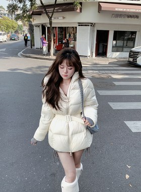 晚安里里juli【高端芭比】冬气质加厚纯色连帽收腰鹅绒服/羽绒服