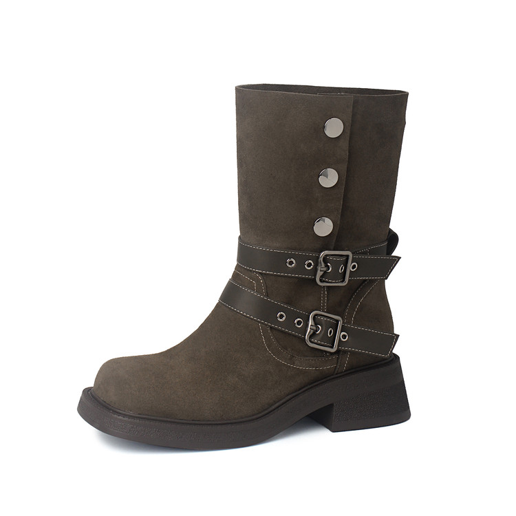 方头粗跟可翻折靴筒按扣磨砂皮一脚蹬套脚好穿好走无声不累脚显小