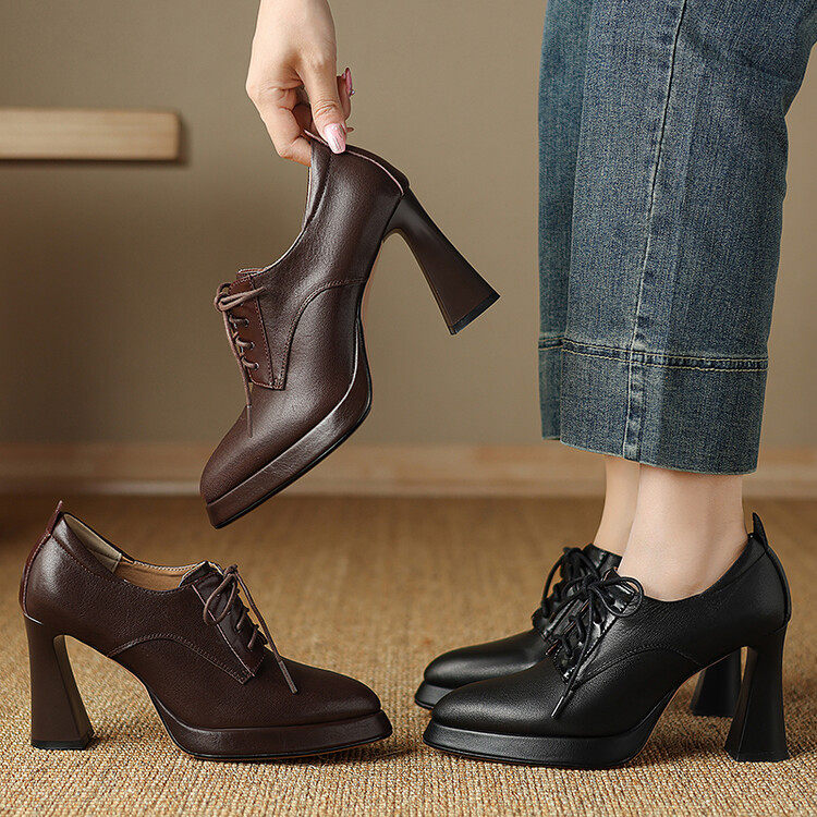 内外全真皮尖头粗跟猪皮内里系带舒适不累脚超高跟防水台深口单鞋,女鞋,深口单鞋,淘宝优惠券,粉丝福利购,淘宝优惠卷