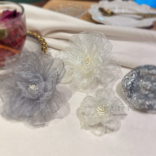 新中式烧边欧根纱花朵胸针韩女高级感灰色胸花手工古风西装配饰94
