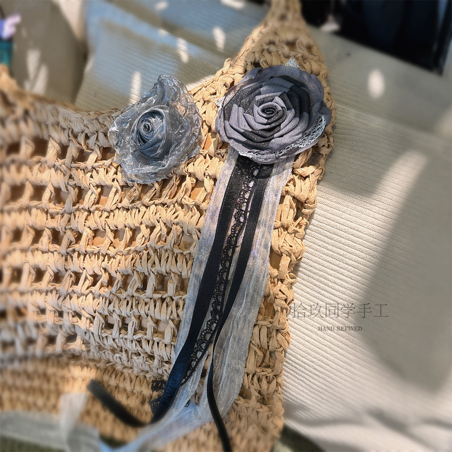 原创手工制作灰色玫瑰花朵胸针缎带蕾丝轻纱胸花发夹复古百搭徽章