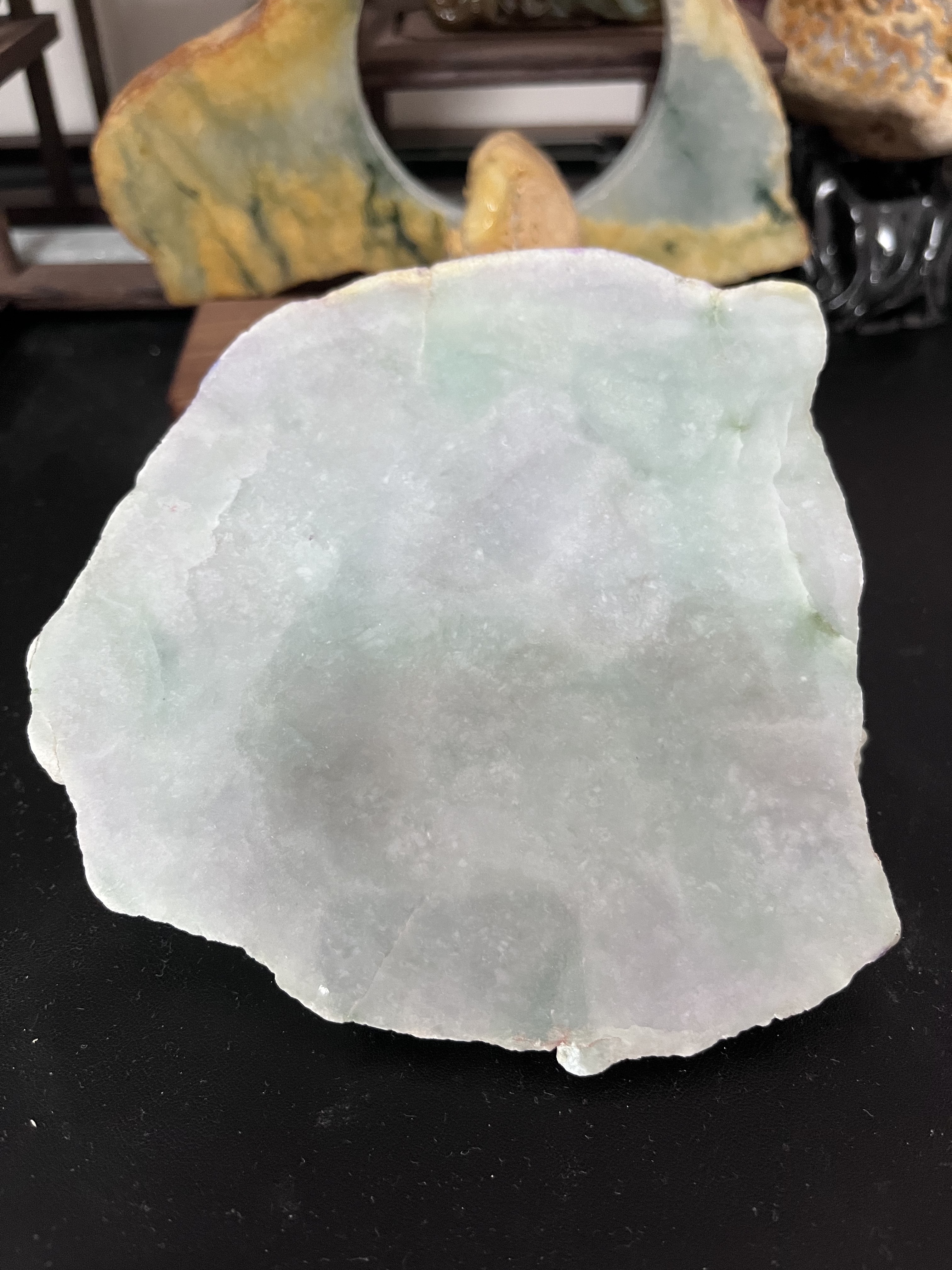 天然缅甸A货翡翠糯种淡春彩改口大手镯位原石摆件