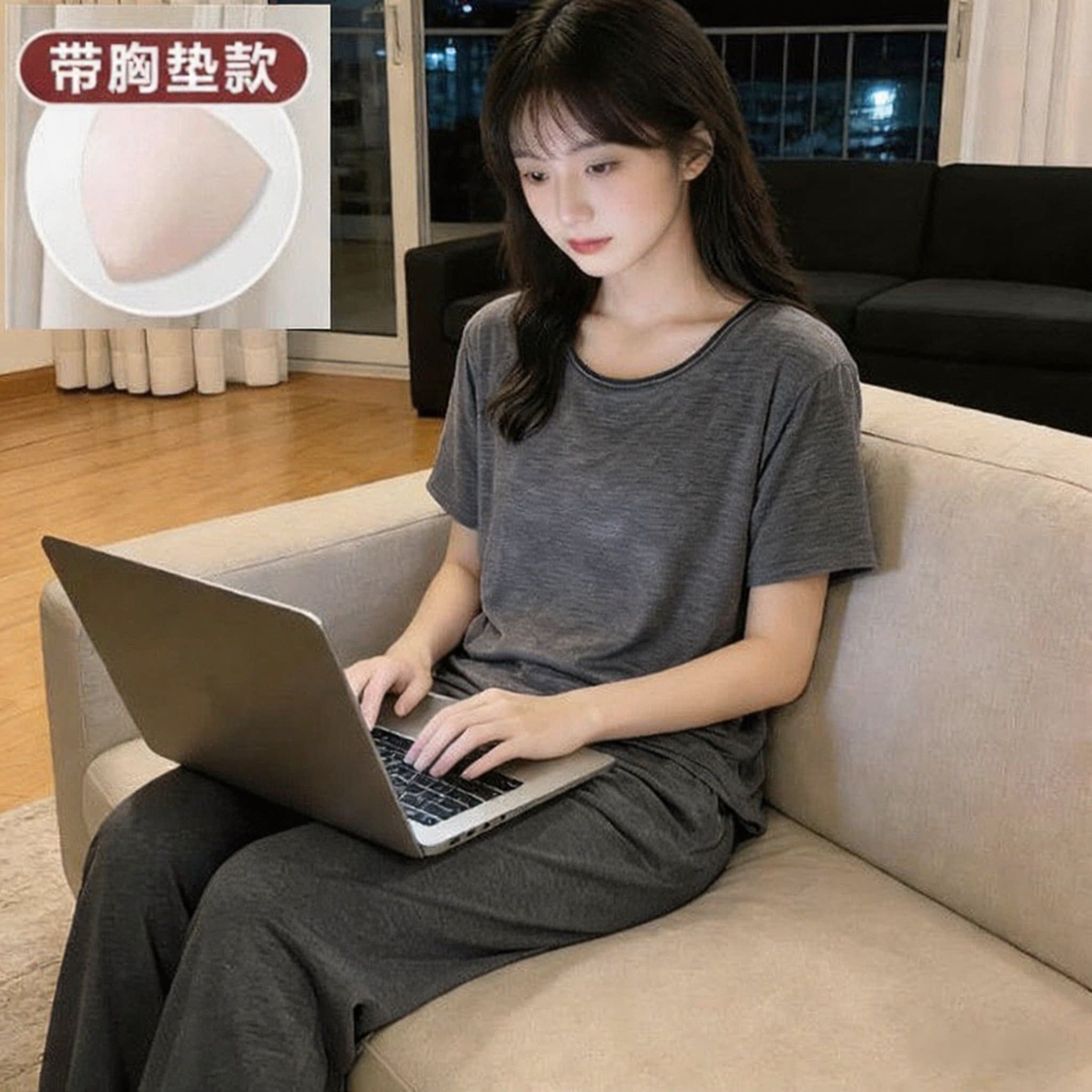 睡衣女夏季新款短袖长裤带胸垫一体家居服套装宽松可外穿休闲韩版