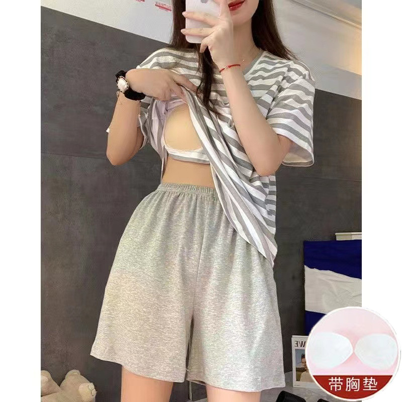 睡衣女夏季短袖短款带胸垫一体式条纹宽松大码学生外穿家居服套装