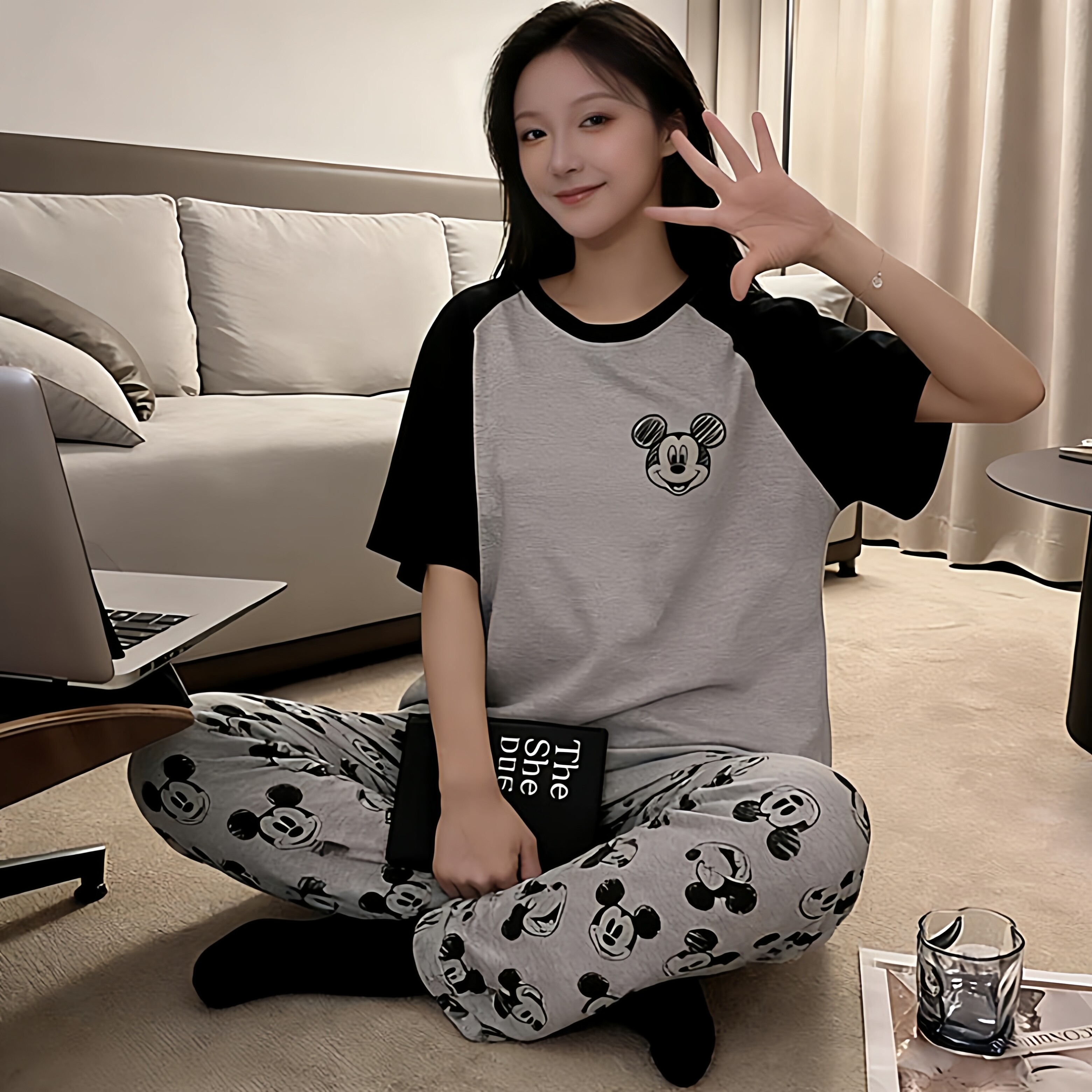 女士睡衣纯棉春秋季薄款短袖长裤卡通学生可爱胖mm夏季家居服套装