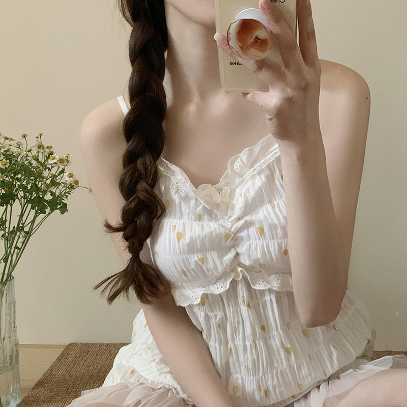 带胸垫睡衣女夏季纯欲风性感小碎花吊带短裤套装女薄款纯棉家居服