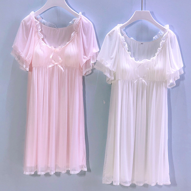 3带胸垫纯棉网纱蕾丝睡裙女夏冰丝短袖薄款白色少女性感公主风睡衣