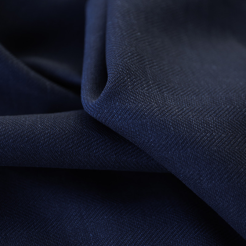 意大利进口薄款深蓝色细腻人字鱼骨纹编织亚麻羊毛布料设计师面料