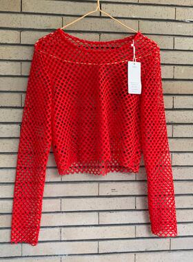 欧美新品大网眼长袖T恤女短款毛边上衣舞蹈打底性感露脐宽松罩衫