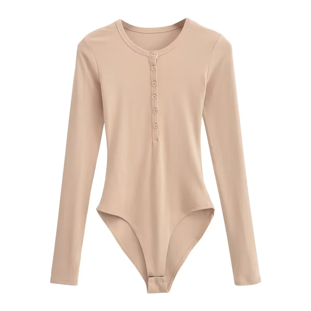 欧美风辣妹纽扣圆领连体长袖T恤