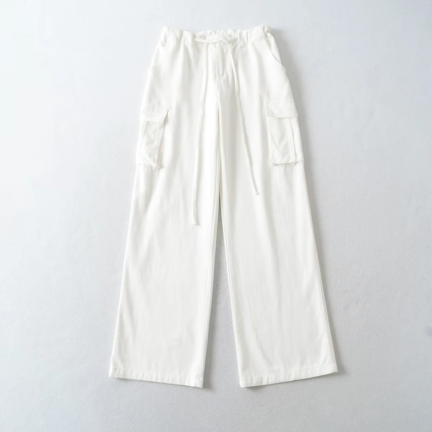 工装风高腰系带阔腿裤女裤新品白色多口袋直筒休闲裤显瘦百搭长裤
