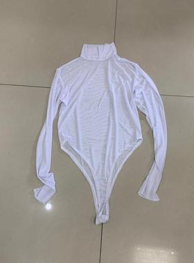 白色高弹丝网纱T恤连体女内搭性感透视舞蹈塑身上衣打底衫ins高领