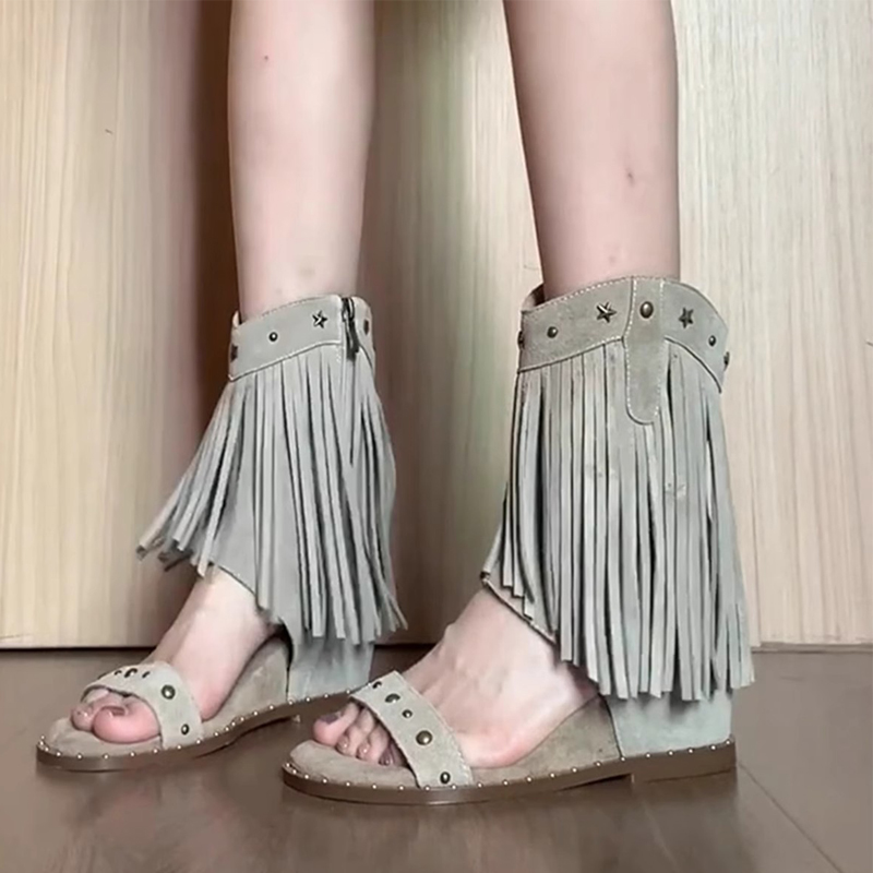 羊皮版~内增高侧拉链铆钉露趾凉靴女废土风波西米亚流苏夹趾凉鞋