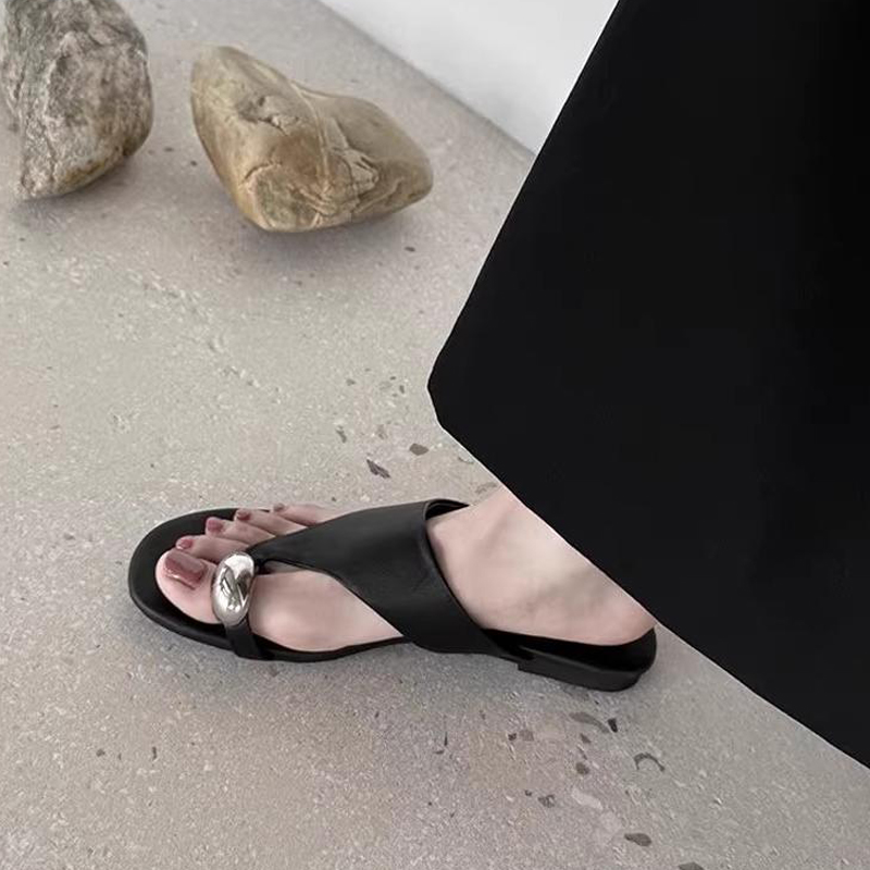 羊皮版~复古金属套趾平底凉拖鞋女夏外穿沙滩夹趾人字拖罗马女鞋