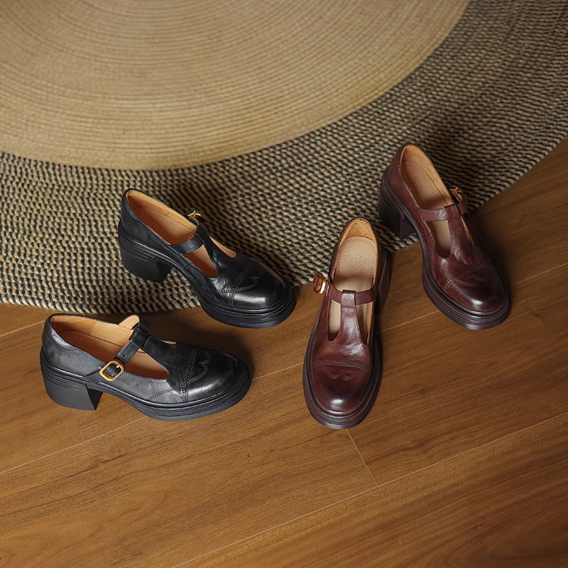 单鞋女2025秋冬季新款粗跟厚底玛丽珍鞋时尚百搭小皮鞋法式高跟鞋