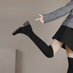 疯狂星团~复古真皮绒面过膝长靴女粗跟高筒西部牛仔靴褶皱堆堆靴