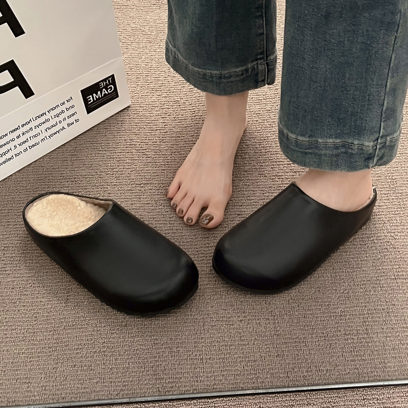 韩版加绒厚底包头棉拖鞋2024秋季一脚蹬休闲皮面懒人勃肯拖鞋女