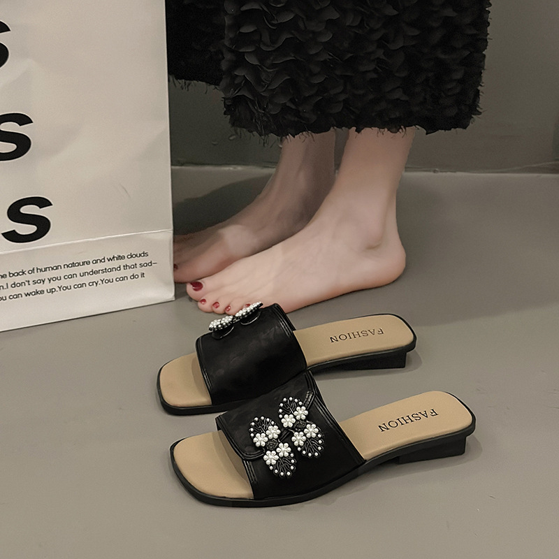 网红复古粗跟拖鞋女2024夏季新款时尚外穿国风一字型凉拖鞋