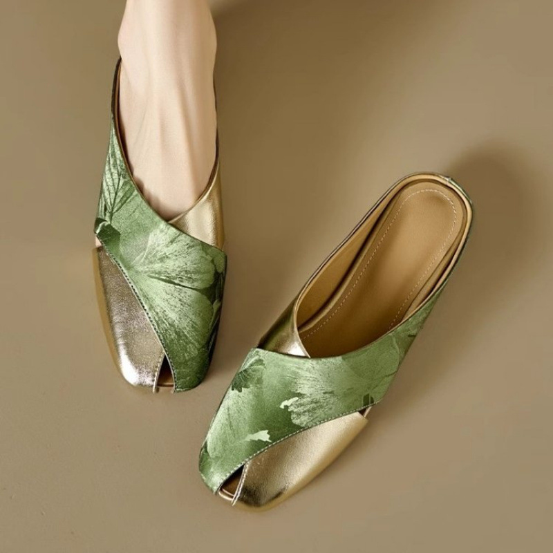 手工真皮~别致优雅~中式国风尖头拼色气质中跟细跟单鞋浅口