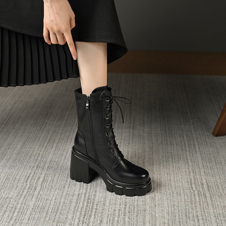 2023秋冬季新款白色厚底高跟马丁靴女牛皮中筒靴女粗跟短靴女靴子