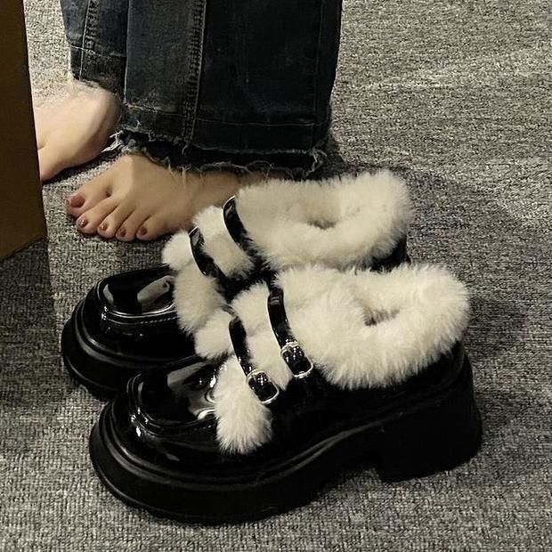 英伦风小皮鞋女2023年秋冬新款厚底增高加绒毛毛鞋棉鞋玛丽珍鞋