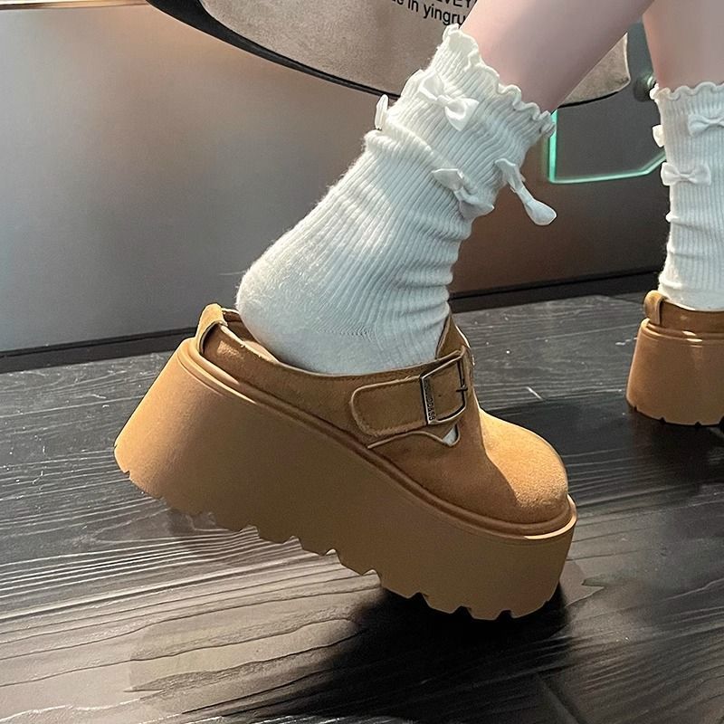 厚底包头半拖鞋增高博肯鞋2024新款秋冬季休闲外出一脚蹬勃肯鞋女