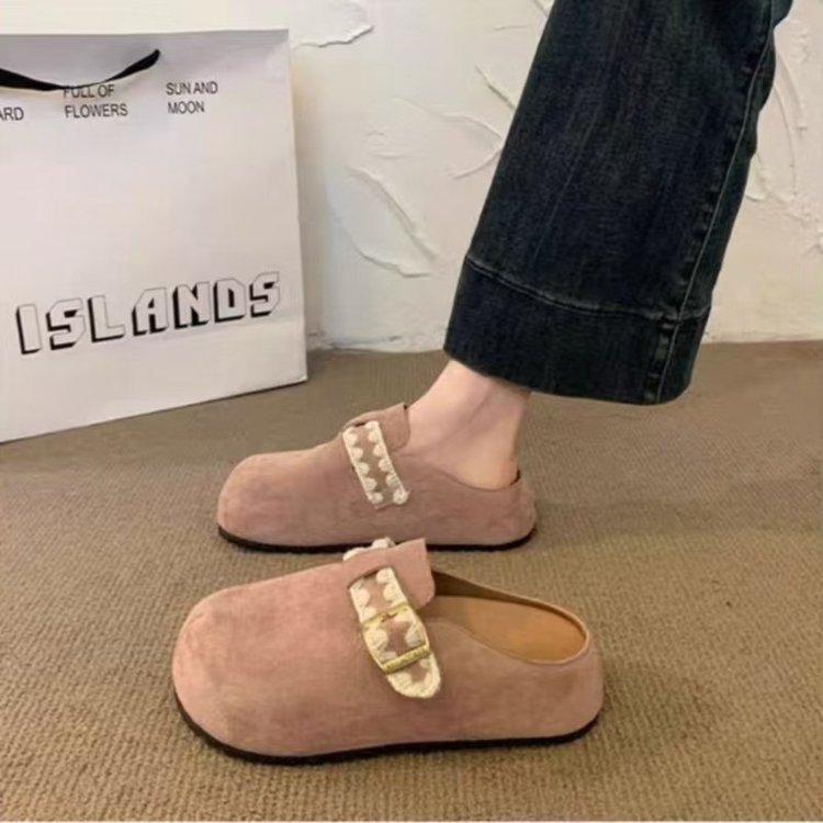 英国真皮黄色包头半拖鞋女秋外穿2025新款一脚蹬厚底勃肯鞋单