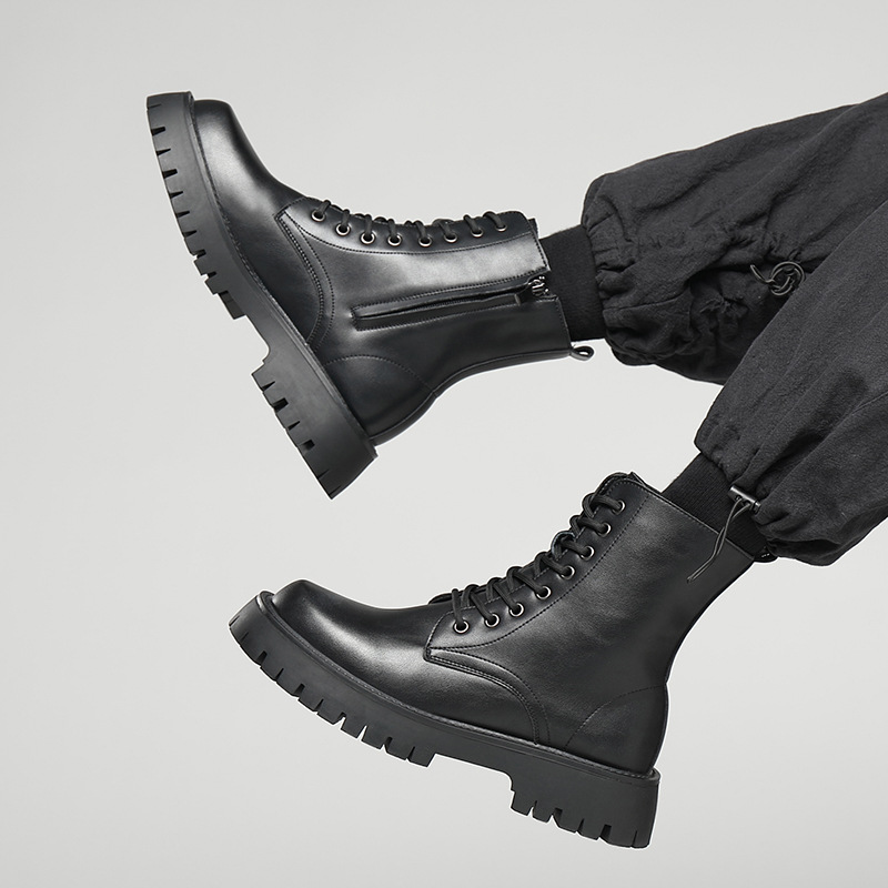 厚底增高大码马丁靴男潮牌英伦百搭秋款拉链工装高帮靴子