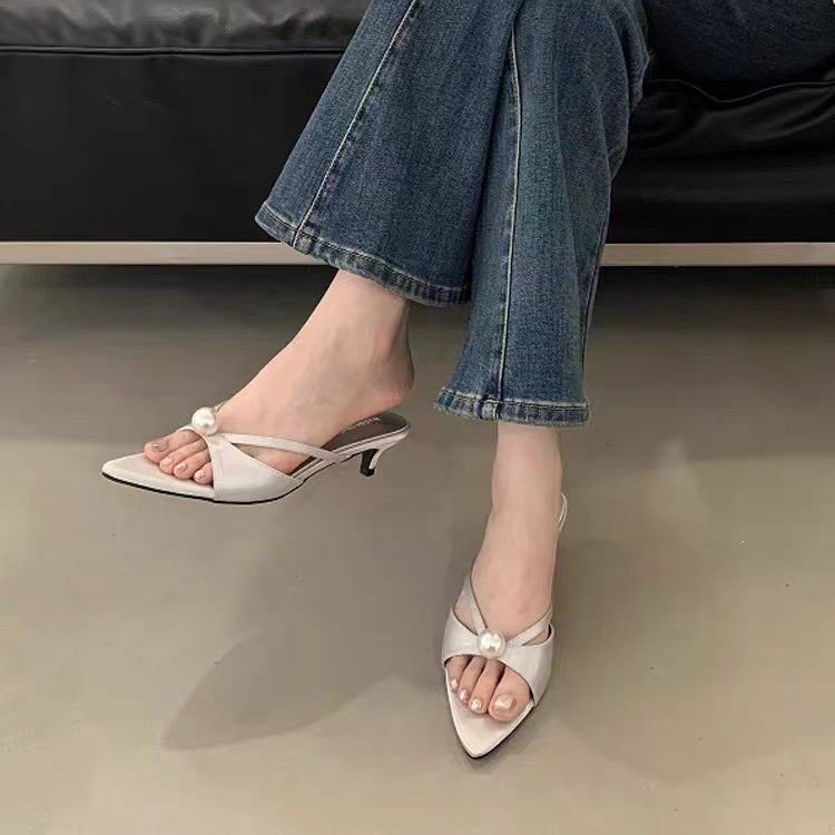 绸缎简约露趾一字拖高跟鞋女2025夏季新款仙女气质细跟外穿凉