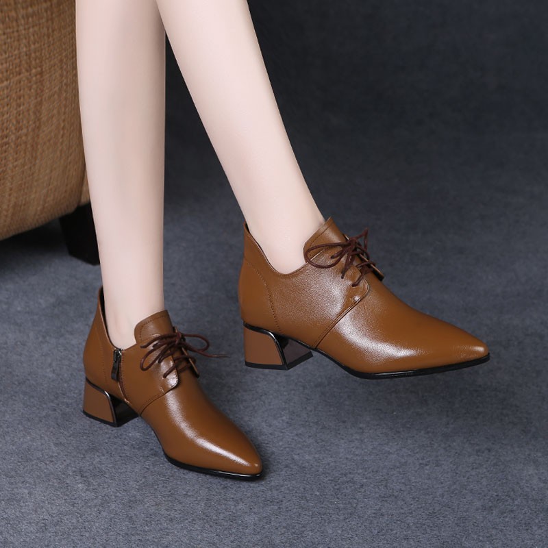 粗跟尖头系带小皮鞋舒适妈妈鞋2024春秋新款时尚单鞋女百搭工作鞋
